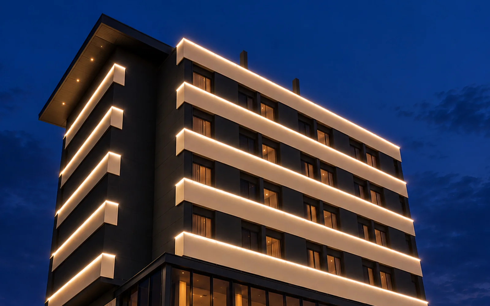 The Beyond Hotels building on Keirby Walk, Burnley, lit up at night